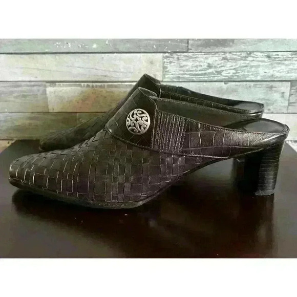 Brighton Tryst Women's 9.5 M Brown Leather Slip-On Woven Slide Heels Mules - Picture 4 of 12